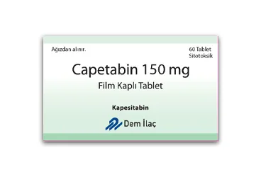 CAPETABIN 150 MG FILM KAPLI TABLET (60 TABLET) (kapesitabin) ambalajı, film kaplı tablet. Üretici: DEM İLAÇ SAN. VE TİC. A.Ş.