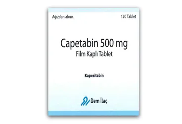 CAPETABIN 500 MG 120 FILM KAPLI TABLET ambalajı. Kapesitabin içeren film kaplı tablet. Üretici: DEM İLAÇ SAN. VE TİC. A.Ş.