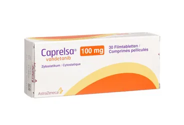 Vandetanib içeren film kaplı tablet: Caprelsa 100 mg Film Kaplı Tablet (30 adet) kutusu. Üretici: SANOFİ SAĞLIK ÜRÜNLERİ LTD. ŞTİ.