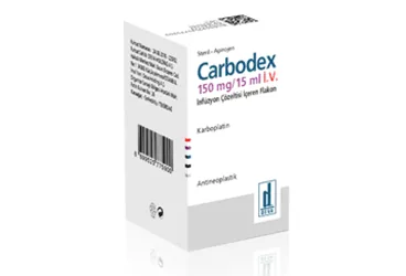 Karboplatin içeren flakon: CARBODEX 150 MG/15 ML IV INF. COZ. ICEREN FLAKON ürün ambalajı. Üretici: DEVA HOLDİNG ANONİM ŞİRKETİ.