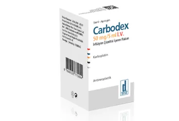 Karboplatin içeren flakon: CARBODEX 50 MG/5 ML IV INF. COZ. ICEREN FLAKON kutusu. Üretici: DEVA HOLDİNG ANONİM ŞİRKETİ.