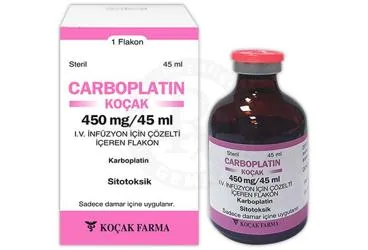 CARBOPLATIN-KOÇAK 450 MG/45 ML IV İNFÜZYON İÇİN SOLÜSYON İÇEREN FLAKON kutusu. Karboplatin içeren flakon. Üretici: KOÇAK FARMA İLAÇ VE KİMYA SANAYİ A.Ş.