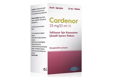 CARDENOR 25 MG/25 ML IV INFUZYON ICIN KONSANTRE COZELTI ICEREN 1 FLAKON kutu fotoğrafı, çözelti formunda noradrenalin içerir. Üretici: VEM İLAÇ SAN. VE TİC. ANONİM ŞİRKETİ.
