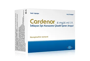 CARDENOR 4 MG/4 ML IV INFUZYON ICIN KONSANTRE COZELTI ICEREN 10 AMPUL ambalajı, çözelti formunda noradrenalin içerir. Üretici: VEM İLAÇ SAN. VE TİC. ANONİM ŞİRKETİ.