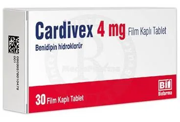 Benidipin hidroklorid içeren film kaplı tablet: CARDIVEX 4 MG FILM KAPLI TABLET (30 TABLET) ürün ambalajı. Üretici: BİOFARMA İLAÇ SANAYİ VE TİCARET A.Ş.