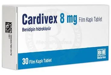 CARDIVEX 8 MG FILM KAPLI TABLET (30 TABLET) kutu fotoğrafı. Benidipin hidroklorid içeren film kaplı tablet. Üretici: BİOFARMA İLAÇ SANAYİ VE TİCARET A.Ş.