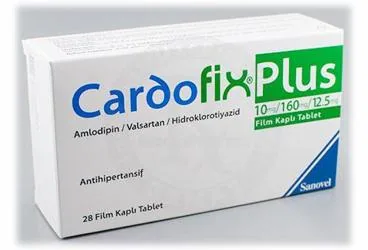 CARDOFIX PLUS 10/160/12,5 MG 28 FILM KAPLI TABLET kutu fotoğrafı. Valsartan + amlodipin  + hidroklorotiyazid içeren film kaplı tablet. Üretici: SANOVEL İLAÇ SANAYİ VE TİCARET ANONİM ŞİRKETİ.