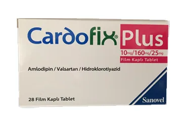 CARDOFIX PLUS 10/160/25 MG 28 FILM KAPLI TABLET kutu fotoğrafı. Valsartan + amlodipin  + hidroklorotiyazid içeren film kaplı tablet. Üretici: SANOVEL İLAÇ SANAYİ VE TİCARET ANONİM ŞİRKETİ.