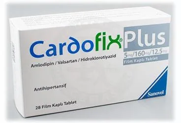 CARDOFIX PLUS 5/160/12,5 MG 28 FILM KAPLI TABLET (valsartan + amlodipin  + hidroklorotiyazid) ürün ambalajı, film kaplı tablet. Üretici: SANOVEL İLAÇ SANAYİ VE TİCARET ANONİM ŞİRKETİ.