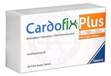 CARDOFIX PLUS 5/160/25 MG 28 FILM KAPLI TABLET (valsartan + amlodipin  + hidroklorotiyazid) ambalajı, film kaplı tablet. Üretici: SANOVEL İLAÇ SANAYİ VE TİCARET ANONİM ŞİRKETİ.