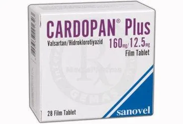 CARDOPAN PLUS 160 MG/12,5 MG FILM KAPLI TABLET (28 TABLET) ambalajı. Valsartan + hidroklorotiyazid içeren film kaplı tablet. Üretici: SANOVEL İLAÇ SANAYİ VE TİCARET ANONİM ŞİRKETİ.