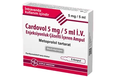 CARDOVOL 5 MG/5 ML IV ENJ. COZELTI ICEREN 10 AMPUL kutu fotoğrafı. Metoprolol içeren çözelti. Üretici: WORLD MEDICINE İLAÇ SAN. VE TİC. A.Ş.