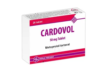 CARDOVOL 50 MG TABLET (20 TABLET) ürün ambalajı. Metoprolol içeren tablet. Üretici: WORLD MEDICINE İLAÇ SAN. VE TİC. A.Ş.