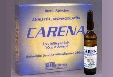 Aminofilin içeren ampul: CARENA 240 MG 6 AMPUL kutusu. Üretici: BİOFARMA İLAÇ SANAYİ VE TİCARET A.Ş.