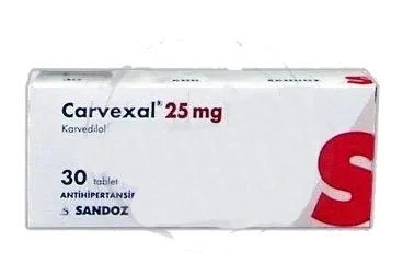 Karvedilol içeren tablet: CARVEXAL 25 MG 30 TABLET kutusu. Üretici: SANDOZ İLAÇ SANAYİ VE TİCARET A.Ş.