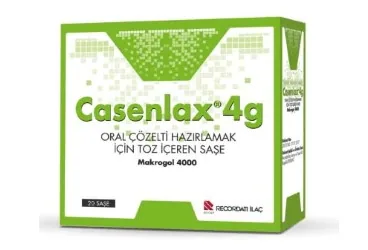 CASENLAX 4 G ORAL COZELTI HAZIRLAMAK ICIN TOZ ICEREN SASE (20 SASE) kutu fotoğrafı, çözelti formunda polietilen glikol içerir. Üretici: RECORDATİ İLAÇ SANAYİ VE TİCARET ANONİM ŞİRKETİ.