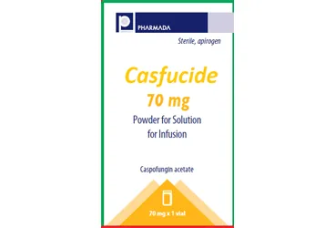 Kaspofungin asetat içeren çözelti: CASFUCIDE 70 MG I.V. INFUZYONLUK COZELTI HAZIRLAMAK ICIN LIYOFILIZE TOZ (1 FLAKON) ambalajı. Üretici: PHARMADA İLAÇ SANAYİ VE TİCARET A.Ş.