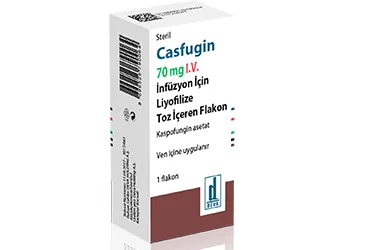Kaspofungin asetat içeren flakon: CASFUGIN 70 MG IV INFUZYON ICIN LIYOFILIZE TOZ ICEREN 1 FLAKON ambalajı. Üretici: DEVA HOLDİNG ANONİM ŞİRKETİ.