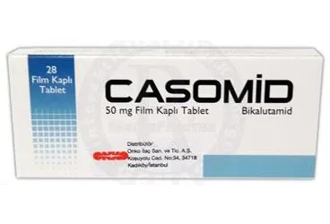 Bikalutamid içeren film kaplı tablet: CASOMID 50 MG 28 FILM TABLET kutusu. Üretici: ONKO İLAÇ SANAYİ VE TİCARET ANONİM ŞİRKETİ.