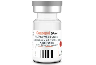 CASPOPOL 50 MG IV INFUZYONLUK COZELTI HAZIRLAMAK ICIN LIYOFILIZE TOZ (kaspofungin asetat) ürün ambalajı, çözelti. Üretici: POLİFARMA İLAÇ SAN. VE TİC. A.Ş.