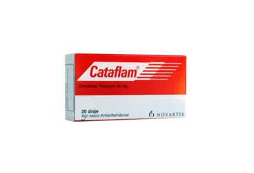 Diklofenak içeren CATAFLAM 50 MG 20 DRAJE kutusu. Üretici: NOVARTİS SAĞLIK GIDA VE TARIM ÜRÜNLERİ SANAYİ VE TİCARET ANONİM ŞİRKETİ.