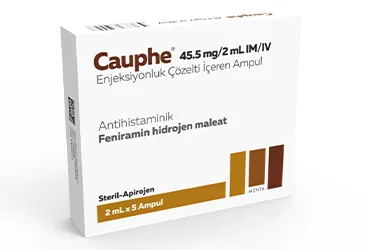 Feniramin içeren çözelti: CAUPHE 45.5 MG/2 ML IM/IV ENJEKSIYONLUK COZELTI ambalajı. Üretici: MENTA PHARMA İLAÇ SANAYİ VE TİCARET ANONİM ŞİRKETİ.
