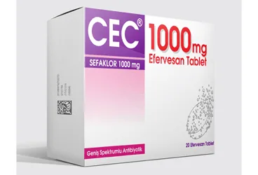 CEC 1000 MG 20 EFERVESAN TABLET kutu fotoğrafı, efervesan tablet formunda sefaklor monohidrat içerir. Üretici: BASEL KİMYEVİ MADDELER VE İLAÇ SANAYİ TİCARET ANONİM ŞİRKETİ.