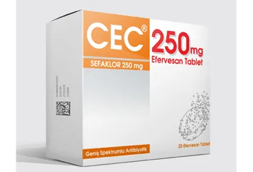 CEC 250 MG 20 EFERVESAN TABLET kutu fotoğrafı. Sefaklor monohidrat içeren efervesan tablet. Üretici: BASEL KİMYEVİ MADDELER VE İLAÇ SANAYİ TİCARET ANONİM ŞİRKETİ.