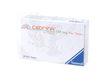 Ketiapin içeren film kaplı tablet: CEDRINA 150 MG 60 FILM TABLET ambalajı. Üretici: SANOVEL İLAÇ SAN. VE TİC. A.Ş.