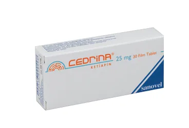 CEDRINA 25 MG 60 FİLM TABLET kutusu. Ketiapin içeren film kaplı tablet. Üretici: SANOVEL İLAÇ SANAYİ VE TİCARET ANONİM ŞİRKETİ.