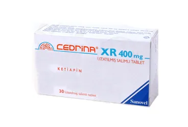 Ketiapin içeren tablet: CEDRINA XR 400 MG UZATILMIS SALIMLI 30 TABLET ürün ambalajı. Üretici: SANOVEL İLAÇ SANAYİ VE TİCARET ANONİM ŞİRKETİ.