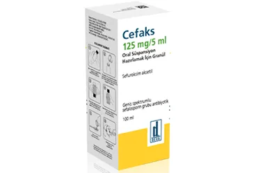 CEFAKS 125 MG/5 ML ORAL SUSPANSIYON HAZIRLAMAK ICIN GRANUL 100 ML (sefuroksim) ürün ambalajı, oral süspansiyon. Üretici: DEVA HOLDİNG ANONİM ŞİRKETİ.