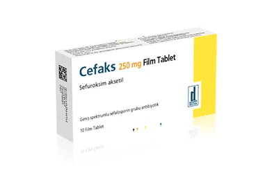 CEFAKS 250 MG 10 FİLM TABLET kutusu. Sefuroksim içeren film kaplı tablet. Üretici: DEVA HOLDİNG ANONİM ŞİRKETİ.