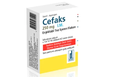 Sefuroksim içeren süspansiyon: CEFAKS 250 MG IM ENJEKSIYONLUK SUSPANSIYON HAZIRLAMAK ICIN TOZ VE COZUCU (1 FLAKON) kutusu. Üretici: DEVA HOLDİNG ANONİM ŞİRKETİ.