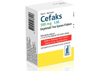 Sefuroksim içeren flakon: CEFAKS 500 MG IM ENJEKSIYONLUK TOZ ICEREN 1 FLAKON ambalajı. Üretici: DEVA HOLDİNG ANONİM ŞİRKETİ.