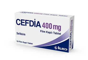 CEFDIA 400 MG 10 FILM KAPLI TABLET (sefiksim) ambalajı, film kaplı tablet. Üretici: İLKO İLAÇ SAN. VE TİC. A.Ş.