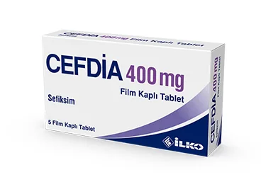 CEFDIA 400 MG 5 FILM KAPLI TABLET (sefiksim) ürün ambalajı, film kaplı tablet. Üretici: İLKO İLAÇ SAN. VE TİC. A.Ş.