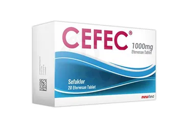 CEFEC 1000MG 20 EFERVESAN TABLET (sefaklor monohidrat) ürün ambalajı, efervesan tablet. Üretici: NEUTEC İLAÇ SANAYİ TİCARET ANONİM ŞİRKETİ.