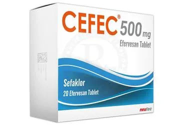 Sefaklor monohidrat içeren efervesan tablet: CEFEC 500 MG 20 EFERVESAN TABLET ambalajı. Üretici: NEUTEC İLAÇ SANAYİ TİCARET ANONİM ŞİRKETİ.