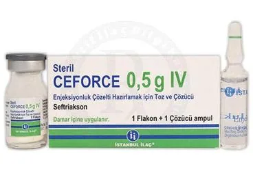 CEFORCE 0,5 G IV ENJEKSIYONLUK COZELTI HAZIRLAMAK ICIN TOZ VE COZUCU (seftriakson) ambalajı, çözelti. Üretici: İSTANBUL İLAÇ SANAYİ VE TİCARET ANONİM ŞİRKETİ.