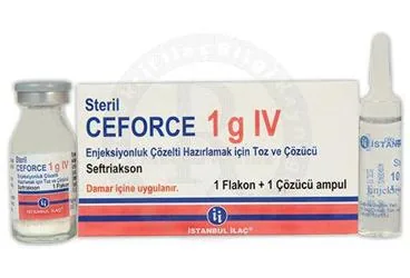 CEFORCE 1 G IV ENJEKSIYONLUK COZELTI HAZIRLAMAK ICIN TOZ VE COZUCU (seftriakson) kutusu, çözelti. Üretici: İSTANBUL İLAÇ SANAYİ VE TİCARET ANONİM ŞİRKETİ.