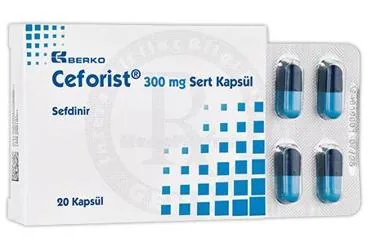 Sefdinir içeren kapsül: CEFORIST 300 MG SERT KAPSUL (20 KAPSUL) ürün ambalajı. Üretici: BERKO İLAÇ VE KİMYA SAN. A.Ş.