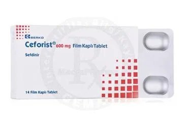 Sefdinir içeren film kaplı tablet: CEFORIST 600 MG FILM KAPLI TABLET (14 TABLET) ambalajı. Üretici: BERKO İLAÇ VE KİMYA SAN. A.Ş.