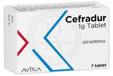 Sefadroxil monohidrat içeren tablet: CEFRADUR 1G TABLET (7 TABLET) ürün ambalajı. Üretici: AVİXA İLAÇ SANAYİ VE TİCARET ANONİM ŞİRKETİ.