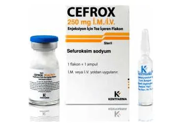 CEFROX 250 MG IM/IV ENJEKSIYON ICIN TOZ ICEREN FLAKON (sefuroksim) ambalajı, flakon. Üretici: KENTFARMA İLAÇ ANONİM ŞİRKETİ.