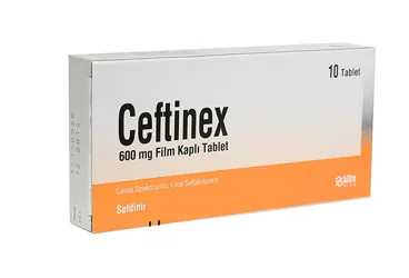 Sefdinir içeren film kaplı tablet: CEFTINEX 600 MG 10 FILM KAPLI TABLET ambalajı. Üretici: BİLİM İLAÇ SANAYİİ VE TİCARET A.Ş.