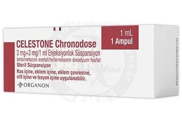 CELESTONE CHRONODOSE 3 MG + 3 MG /1 ML ENJEKSIYONLUK SUSPANSIYON (betametazon) kutu fotoğrafı, süspansiyon. Üretici: ORGANON TURKEY İLAÇLARI LİMİTED ŞİRKETİ.