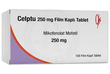 CELPTU 250 MG FILM KAPLI TABLET (100 TABLET) ürün ambalajı. Mikofenolat içeren film kaplı tablet. Üretici: KOÇSEL İLAÇ SANAYİ VE TİCARET ANONİM ŞİRKETİ.