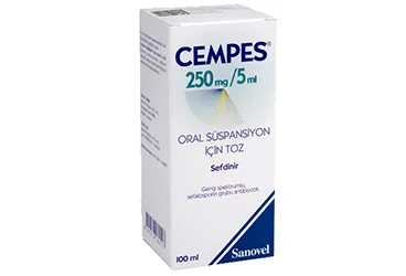 Sefdinir içeren oral süspansiyon: CEMPES 250 MG/5ML 100 ML ORAL SUSPANSIYON ICIN TOZ ürün ambalajı. Üretici: SANOVEL İLAÇ SANAYİ VE TİCARET ANONİM ŞİRKETİ.