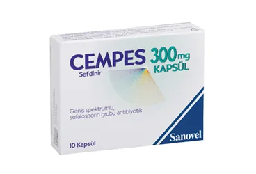 Sefdinir içeren kapsül: CEMPES 300 MG 10 KAPSUL ambalajı. Üretici: SANOVEL İLAÇ SANAYİ VE TİCARET ANONİM ŞİRKETİ.